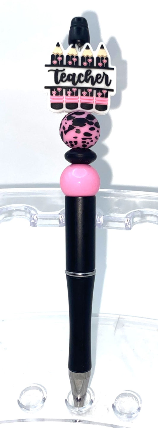 Teacher Pink & Black Pencils Beaded Pen