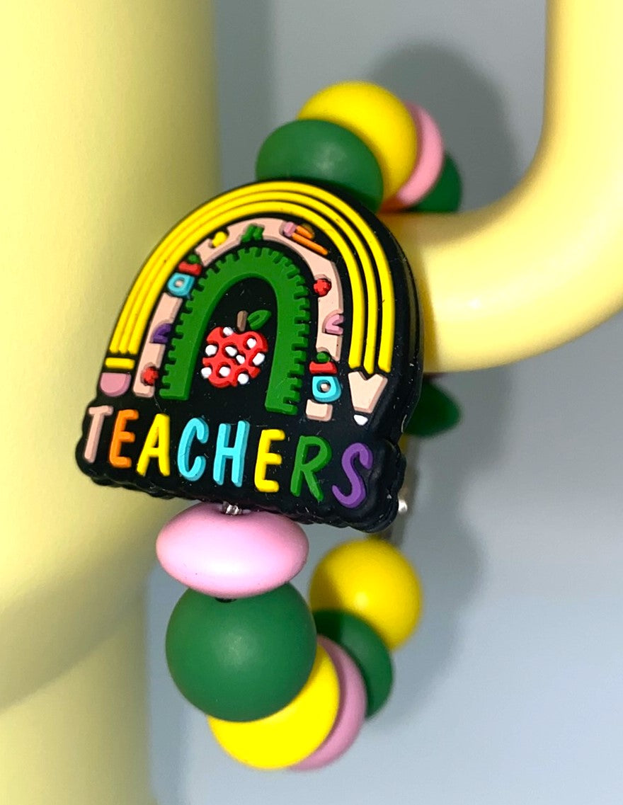 Teachers Rainbow Apple  Ruler Pencil Stanley Tumbler Cup Handle Charm