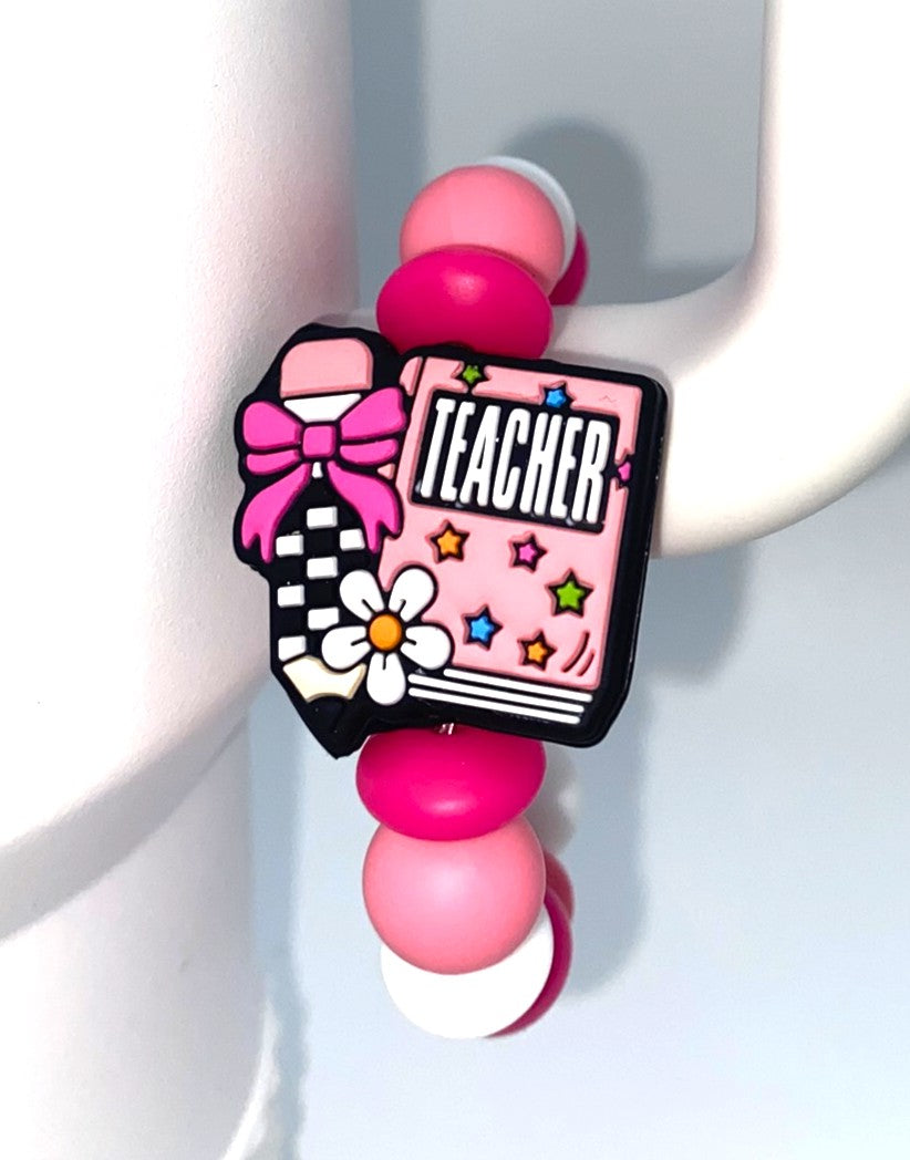 Teacher Pink Notebook w/Bow Pencil Stanley Tumbler Cup Handle Charm