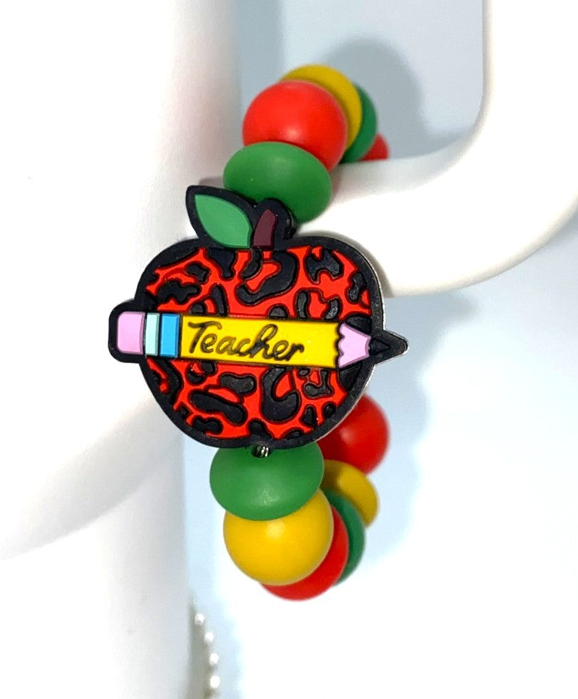 Red Teacher Leopard Print Apple & Pencil Stanley Tumbler Cup Handle Charm