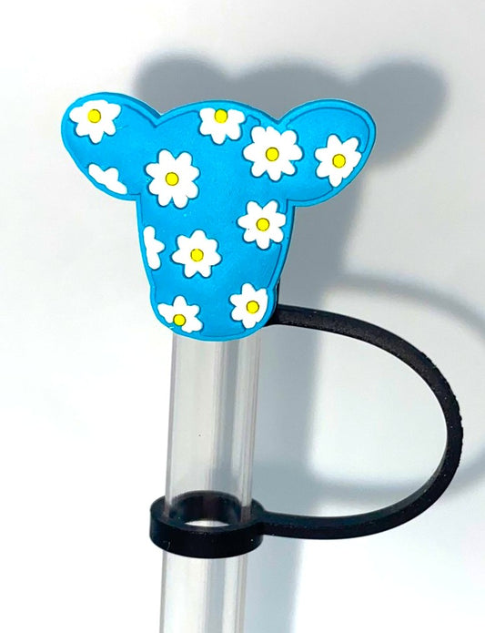 Turquoise Daisy Cow Head Straw Topper