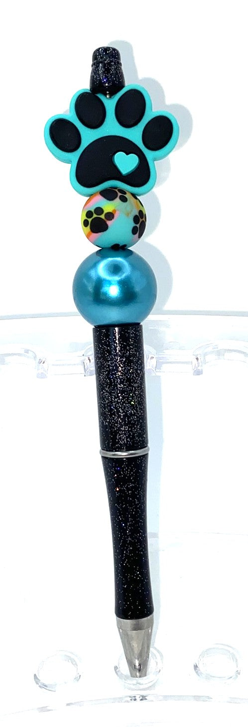 Teal Paw Print w/Heart Beaded Pen