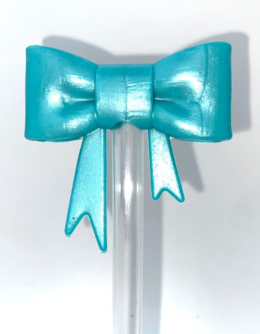 Teal Pearl Bow Straw Topper