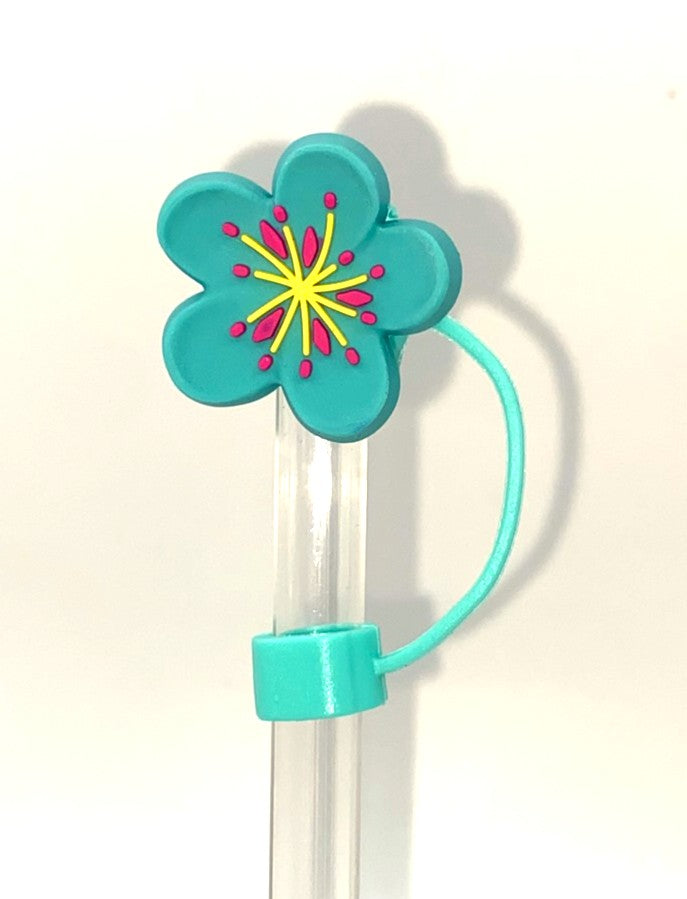 Teal w/Yellow & Pink Plumeria Flower 3D Straw Topper