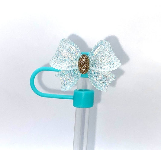 Turquoise Teal Sparkly Resin Bow Straw Topper