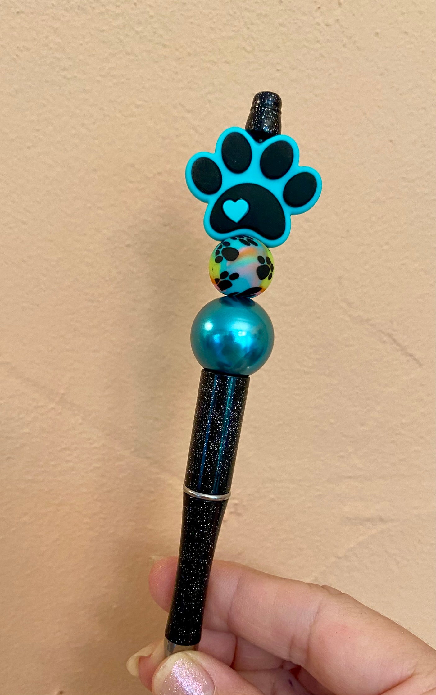 Teal Paw Print w/Heart Beaded Pen