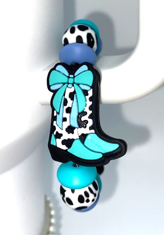 Turquoise Teal Bow Cow Print Cowboy Boot Stanley Tumbler Cup Handle Charm