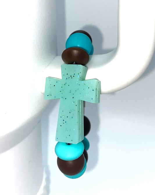 Turquoise Teal Glitter Cross Stanley Tumbler Cup Handle Charm