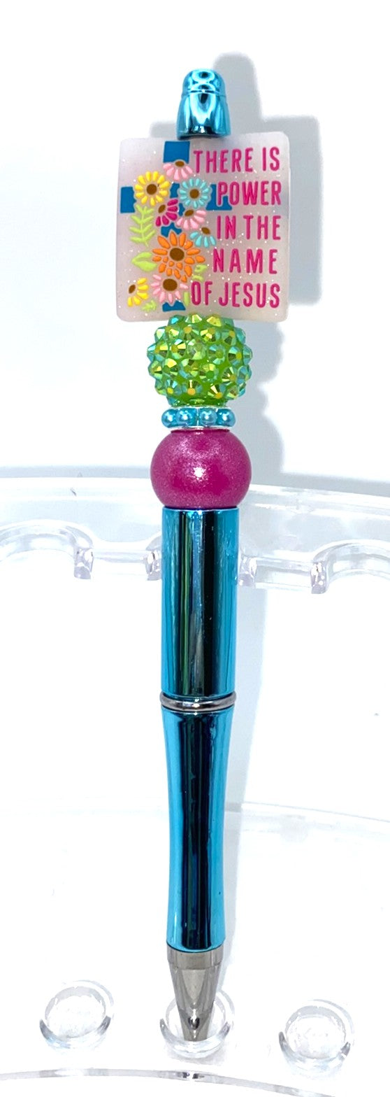 There Is Power In The Name Of Jesus Floral Cross Beaded Pen