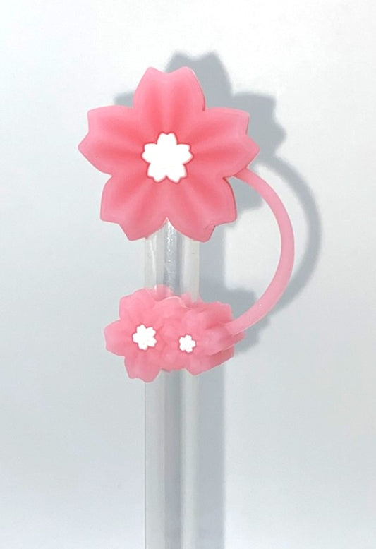 Pink Translucent Sakura Cherry Blossom Flower Double 3D Straw Topper
