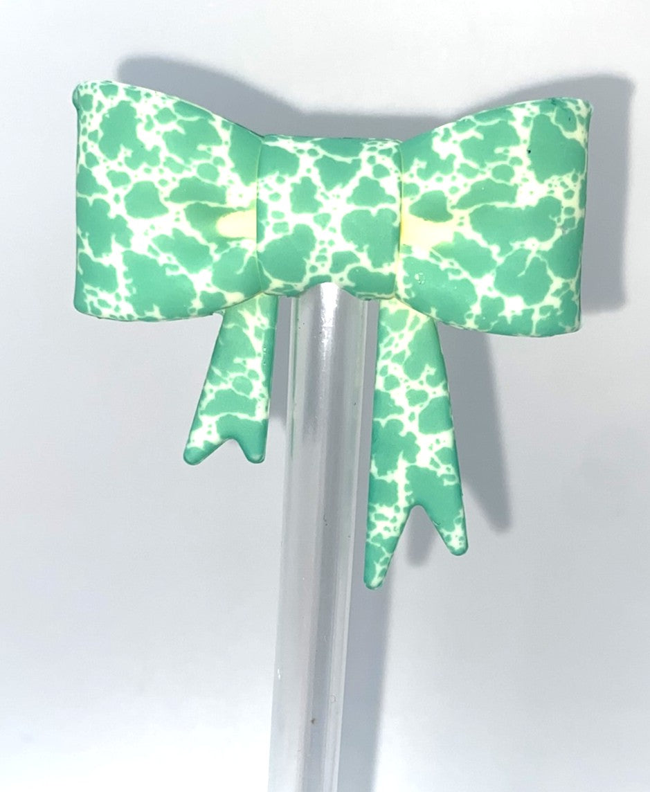 Turquoise Teal Cow Print Bow Straw Topper