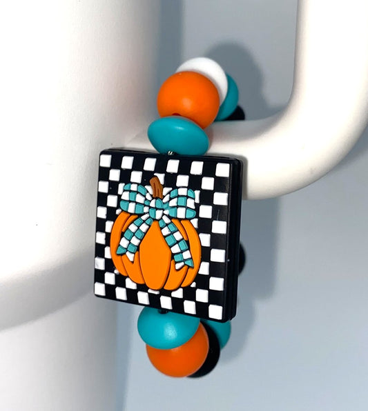 Turquoise Polka Dot Coquette Bow Checkered Pumpkin Stanley Tumbler Cup Handle Charm
