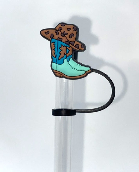 Blue & Turquoise Teal Cowboy Boot w/Leopard Print Hat Straw Topper