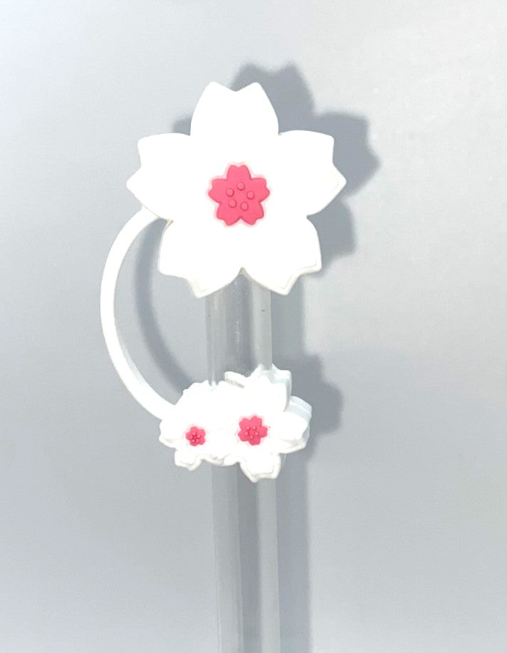 White Sakura Cherry Blossom Flower #2 Double 3D Straw Topper