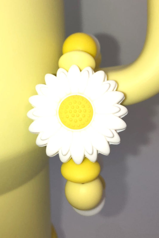 White Daisy Dahlia Flower w/Yellow Center Stanley Tumbler Cup Handle Charm