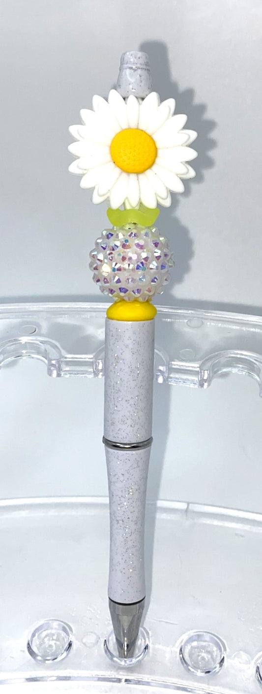 White Daisy Flower Bead Beaded Pen