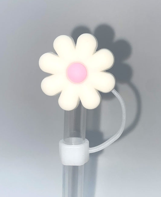 White Daisy Flower w/Pink Center Straw Topper