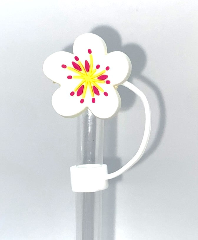 White w/Yellow & Pink Plumeria Flower 3D Straw Topper