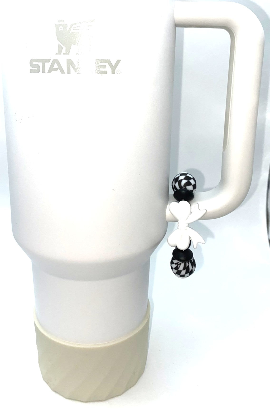 White Coquette Bow w/Checkered Beads Stanley Tumbler Cup Handle Charm