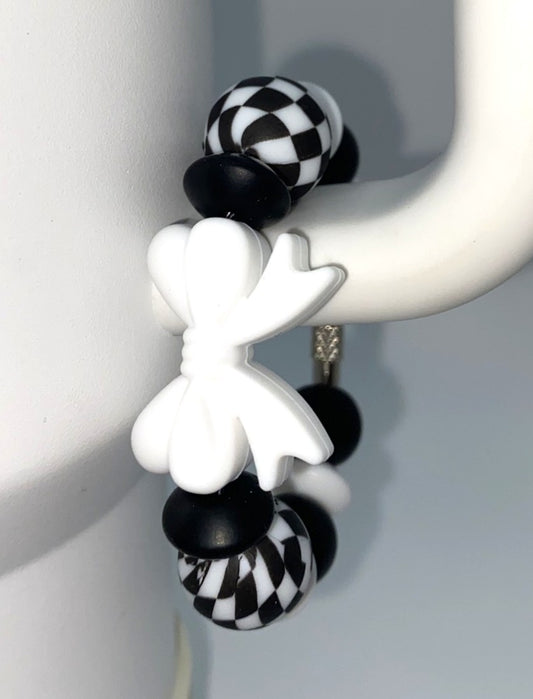 White Coquette Bow w/Checkered Beads Stanley Tumbler Cup Handle Charm