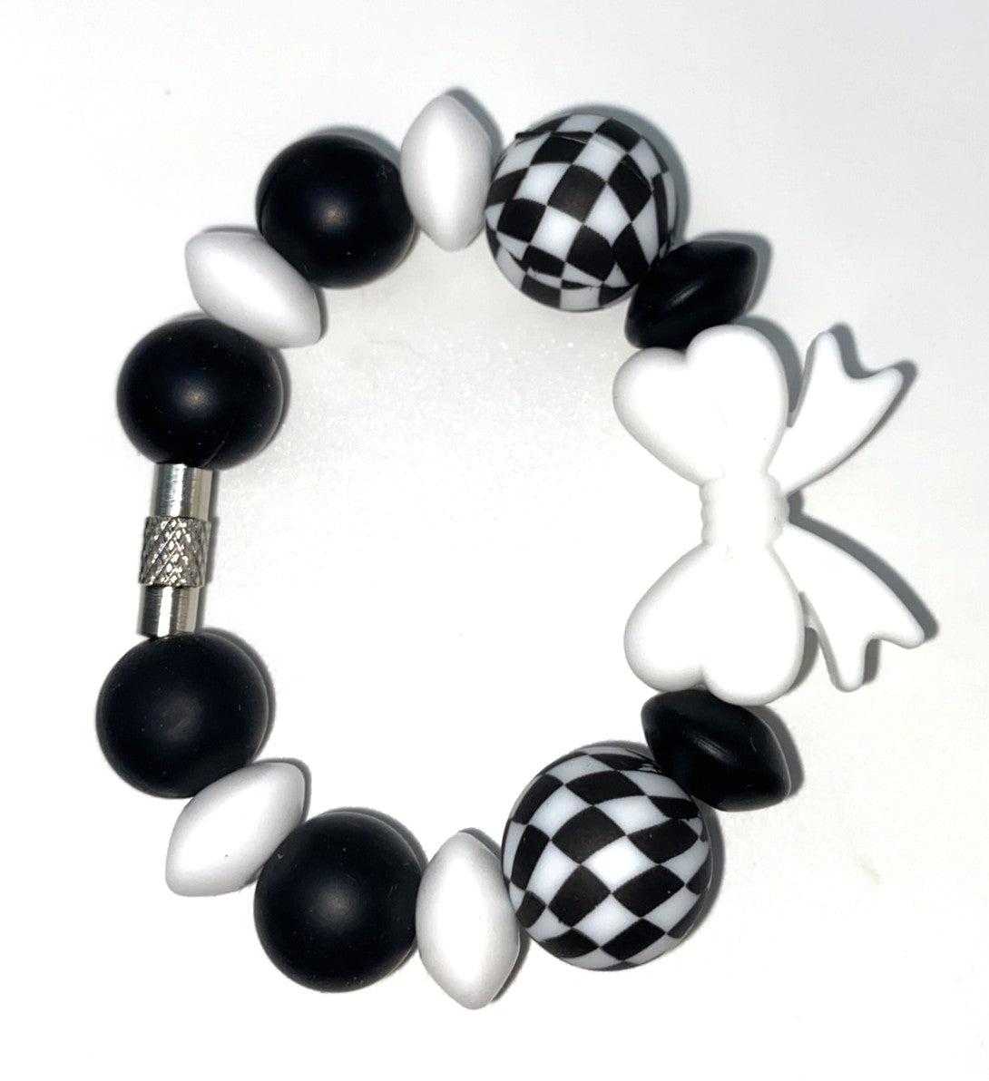 White Coquette Bow w/Checkered Beads Stanley Tumbler Cup Handle Charm
