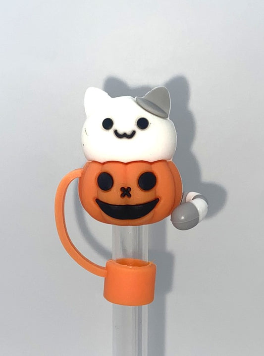 White Cat Sitting in Jack O Lantern 3D Halloween Straw Topper