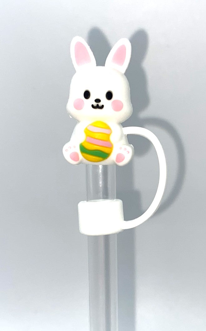 White Bunny w/ Easter Egg 3D Easter Straw Topper