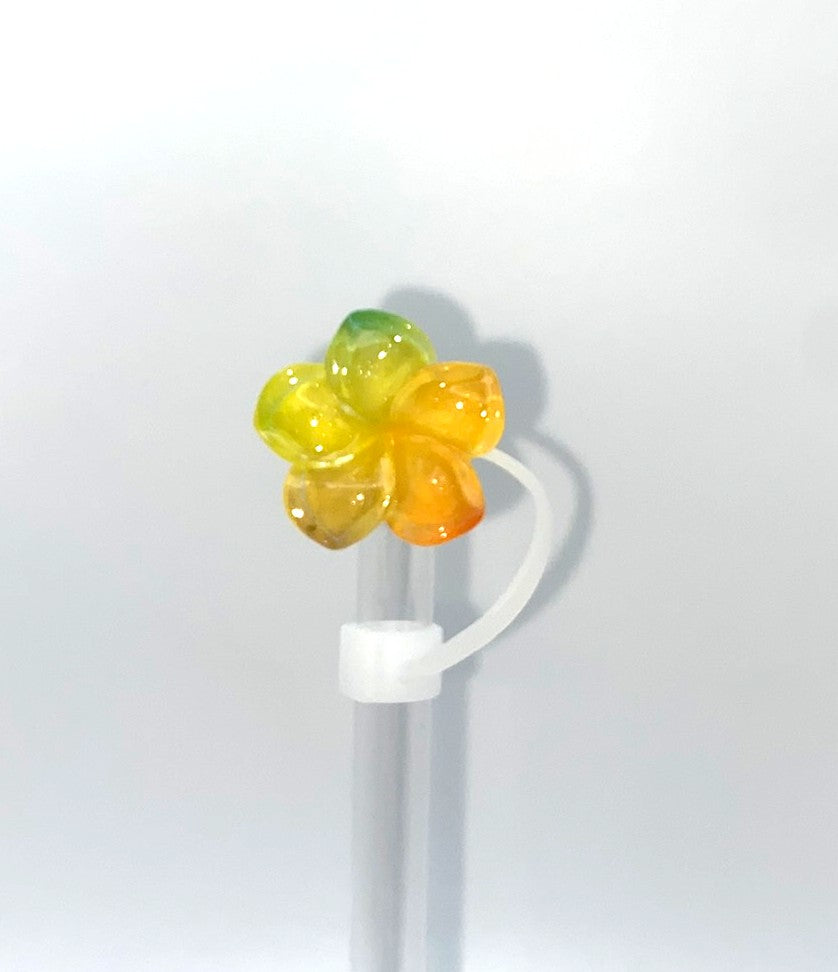 Yellow, Green & Orange Resin Plumeria Flower Straw Topper