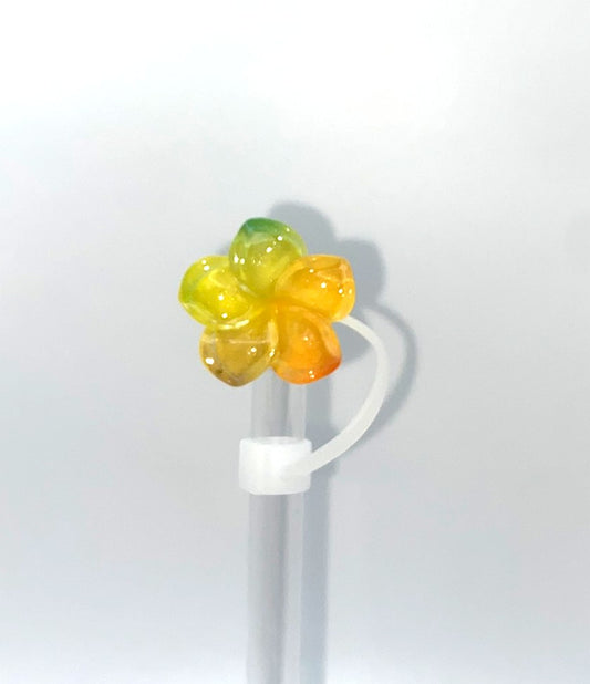 Yellow, Green & Orange Resin Plumeria Flower Straw Topper