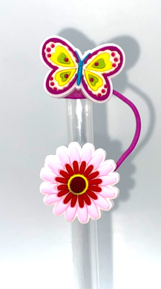 Pink, Yellow & Green Butterfly and Pink Flower Straw Topper