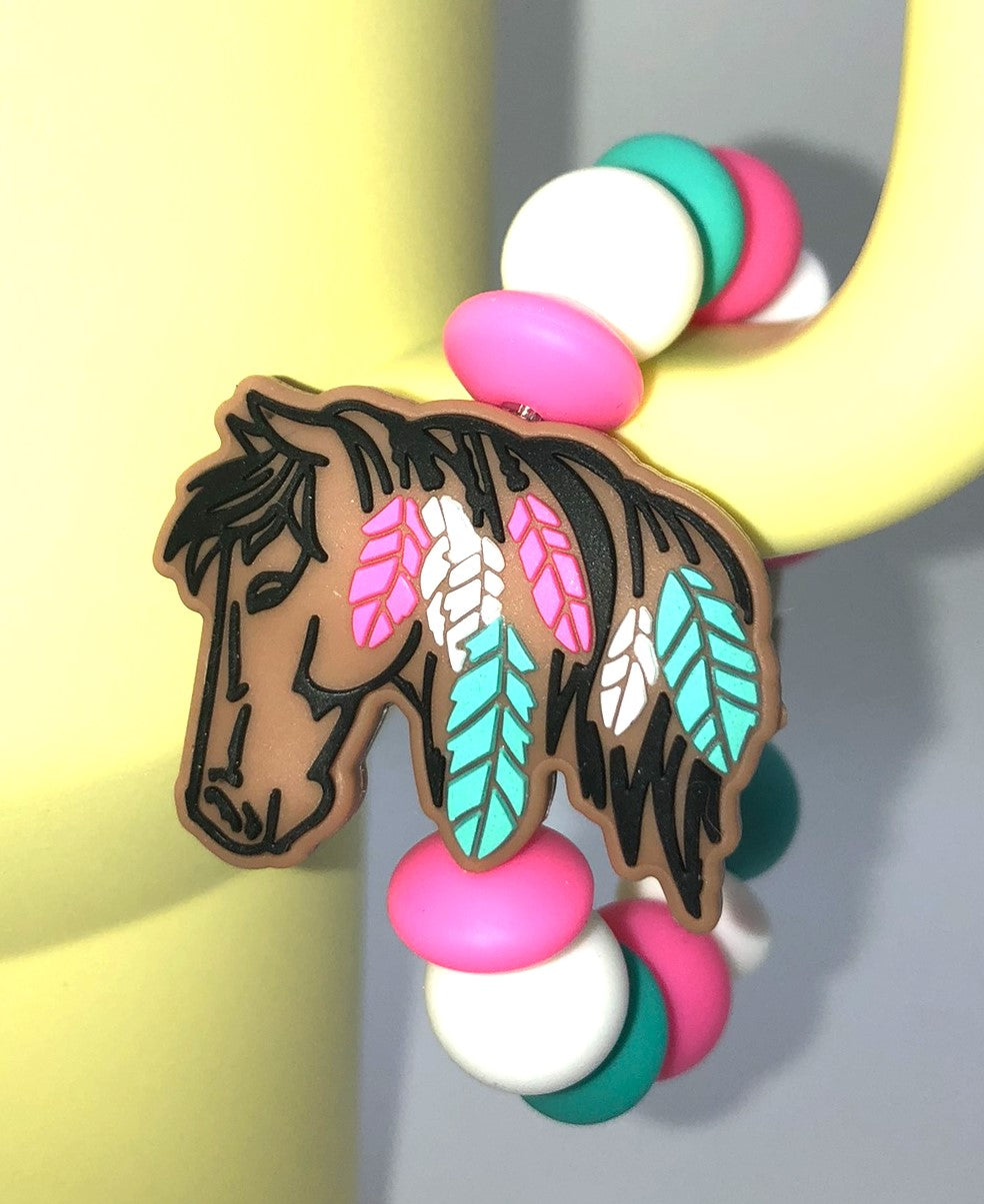 Western Boho Horse w/Feathers Stanley Tumbler Cup Handle Charm