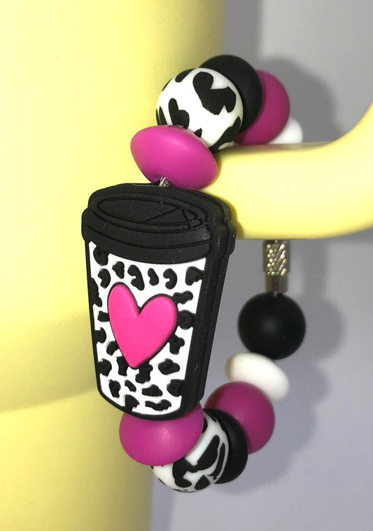 Leopard Print Pink Heart Coffee To Go Cup Stanley Tumbler Cup Handle Charm