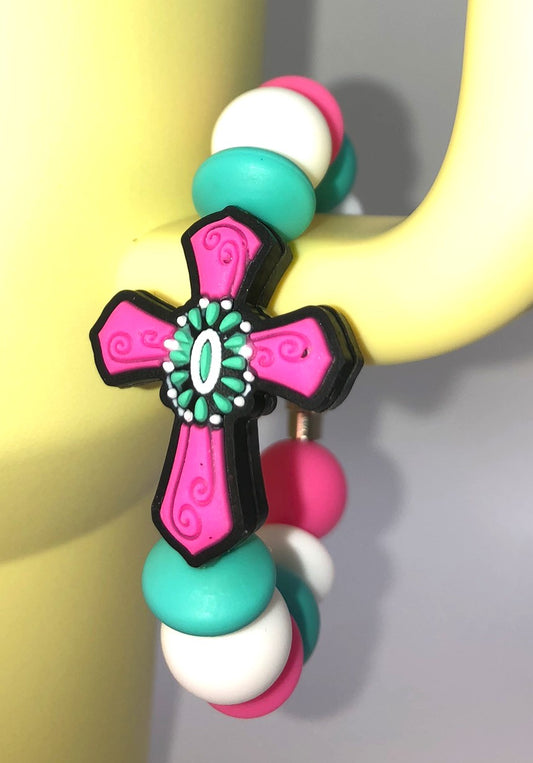 Hot Pink Cross Turquoise Conch Stanley Tumbler Cup Handle Charm