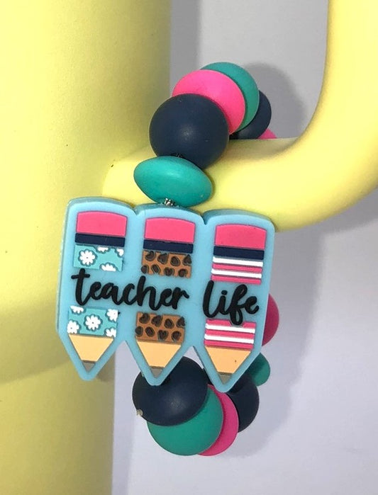 Teacher Life Pencils Blue Stanley Tumbler Cup Handle Charm